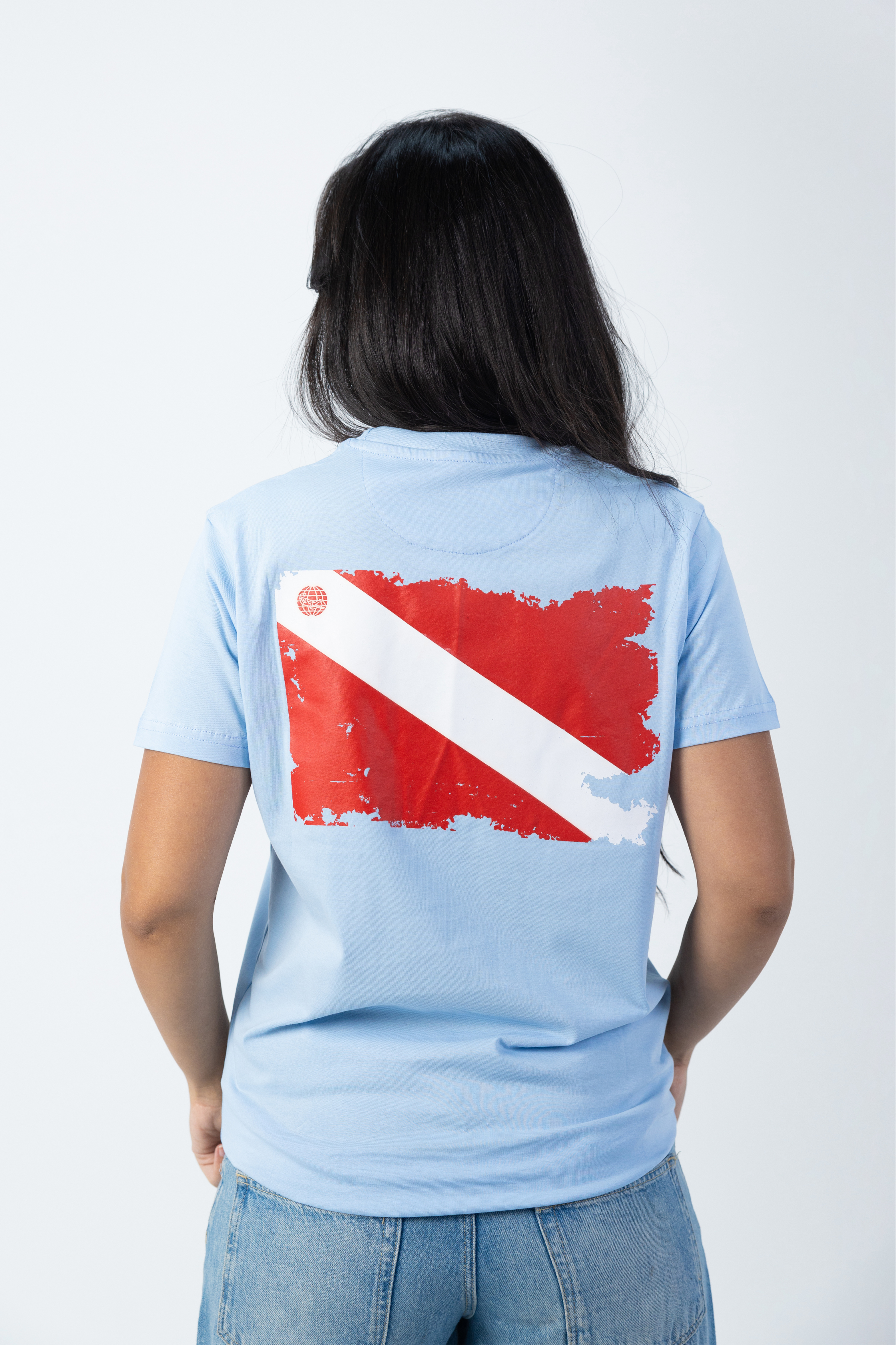 PADI Dive Torn Red X White  Flag T-Shirt – Baby Blue