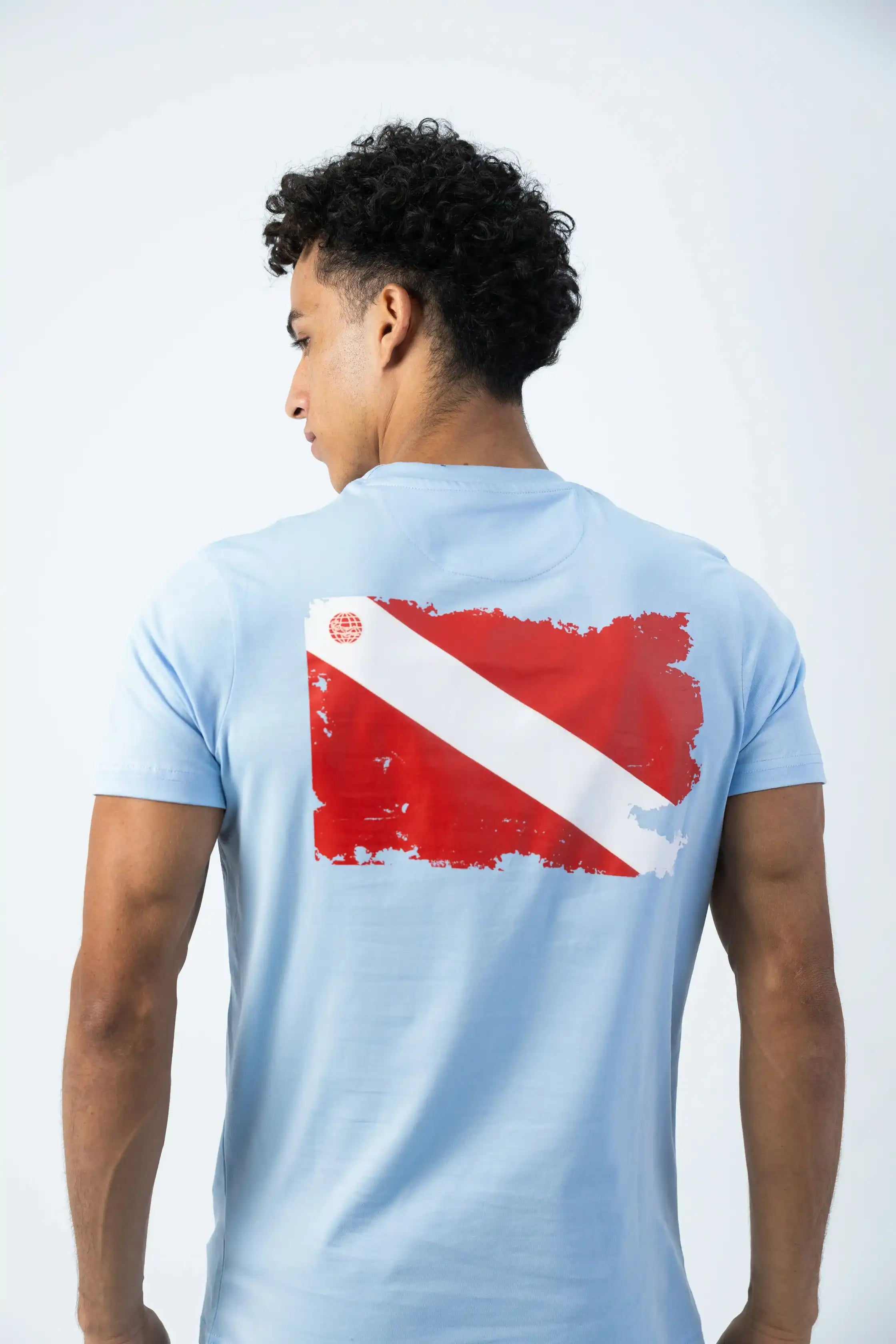 PADI Dive Torn Red X White  Flag T-Shirt – Baby Blue
