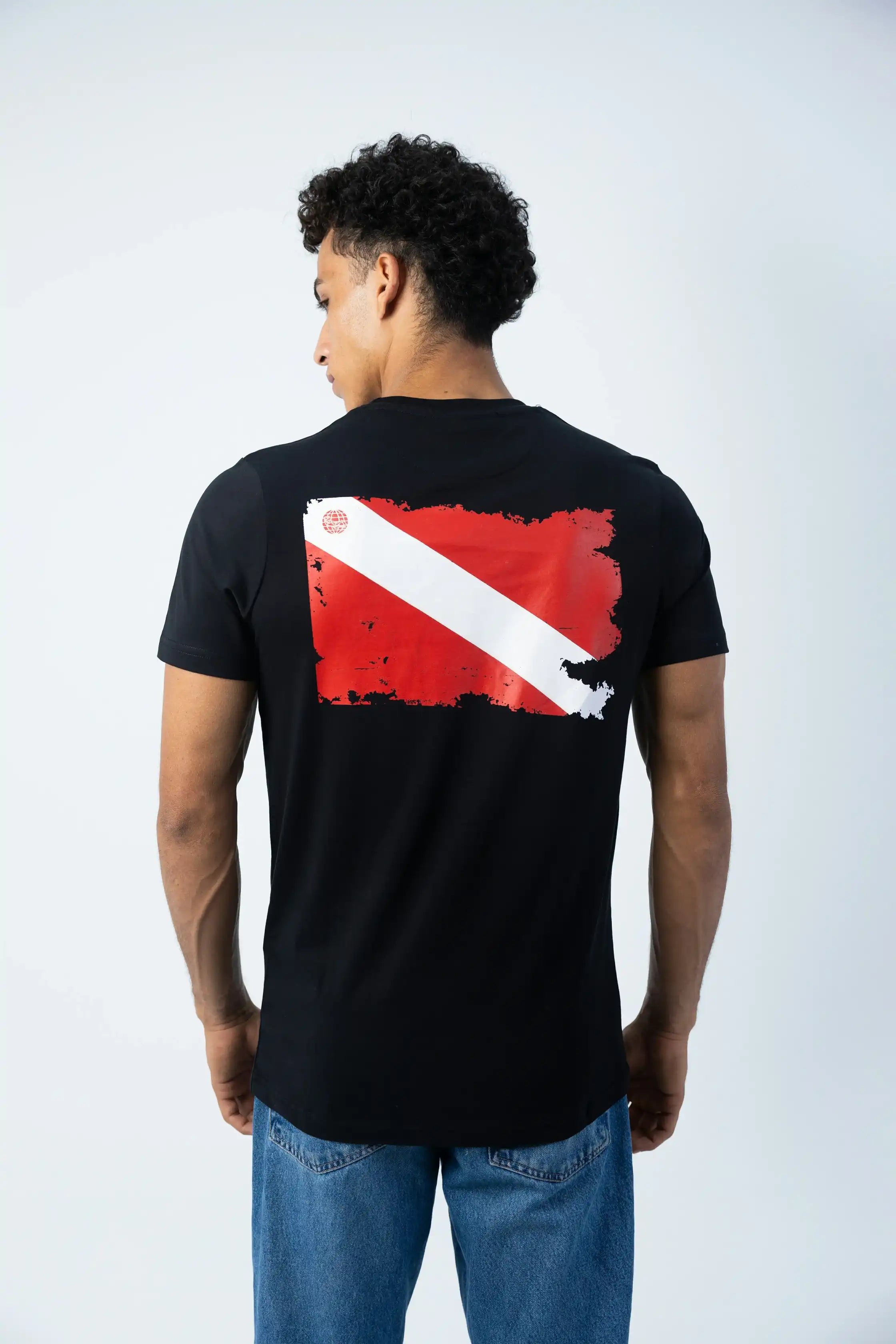 PADI Dive Torn Red X White  Flag T-Shirt – Black