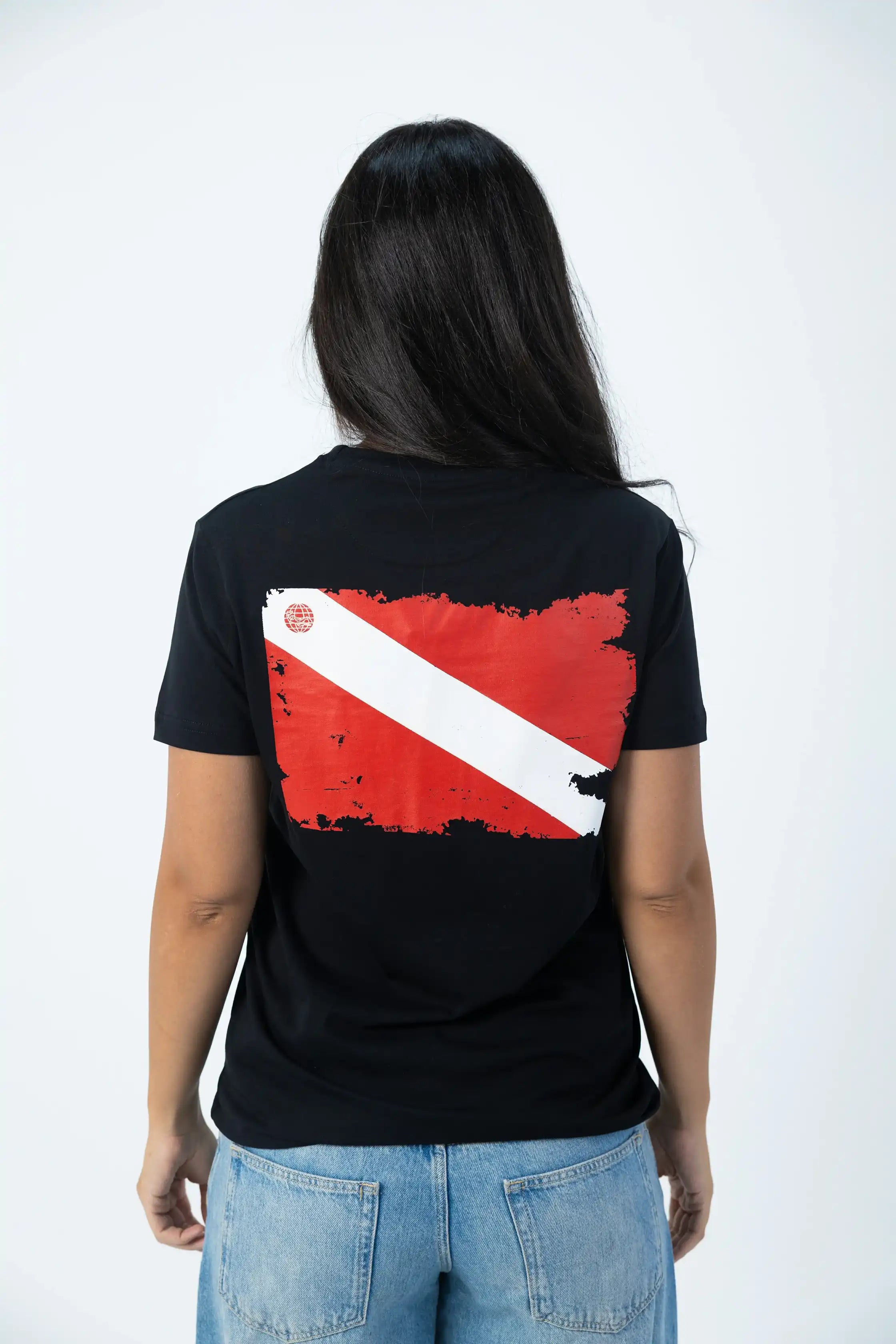 PADI Dive Torn Red X White Flag T-Shirt - Black - Over Size - Women
